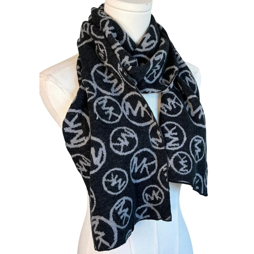 Michael Kors Scarf Bundle Cream Grey Logo Knit Wool Blend 2pc Set